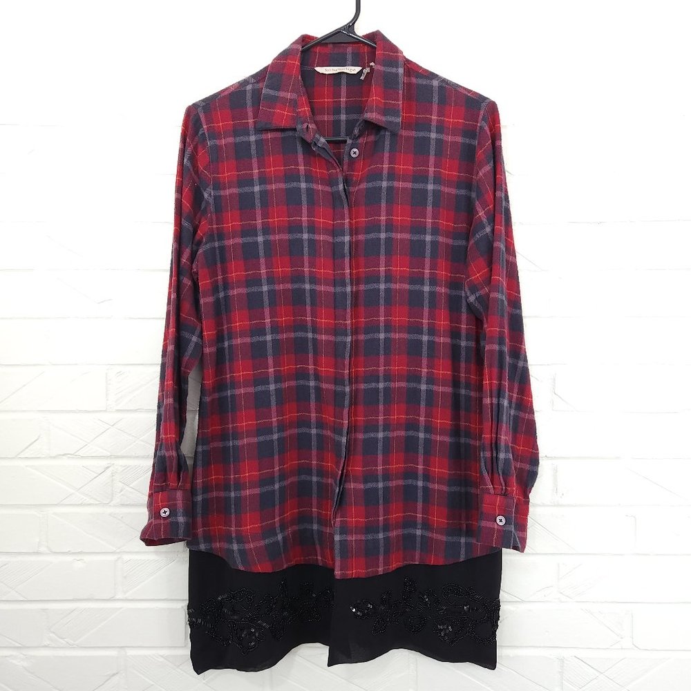 Soft Surroundings Red Plaid Layered Flannel Beaded Chiffon Tunic Lagenlook S
